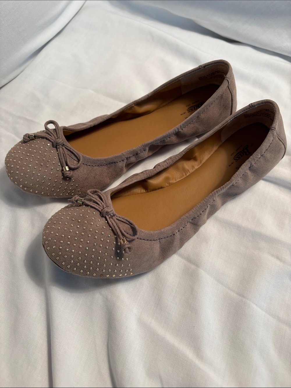 Bass Taupe Suede-Look Ballet Flats with Studded Toe